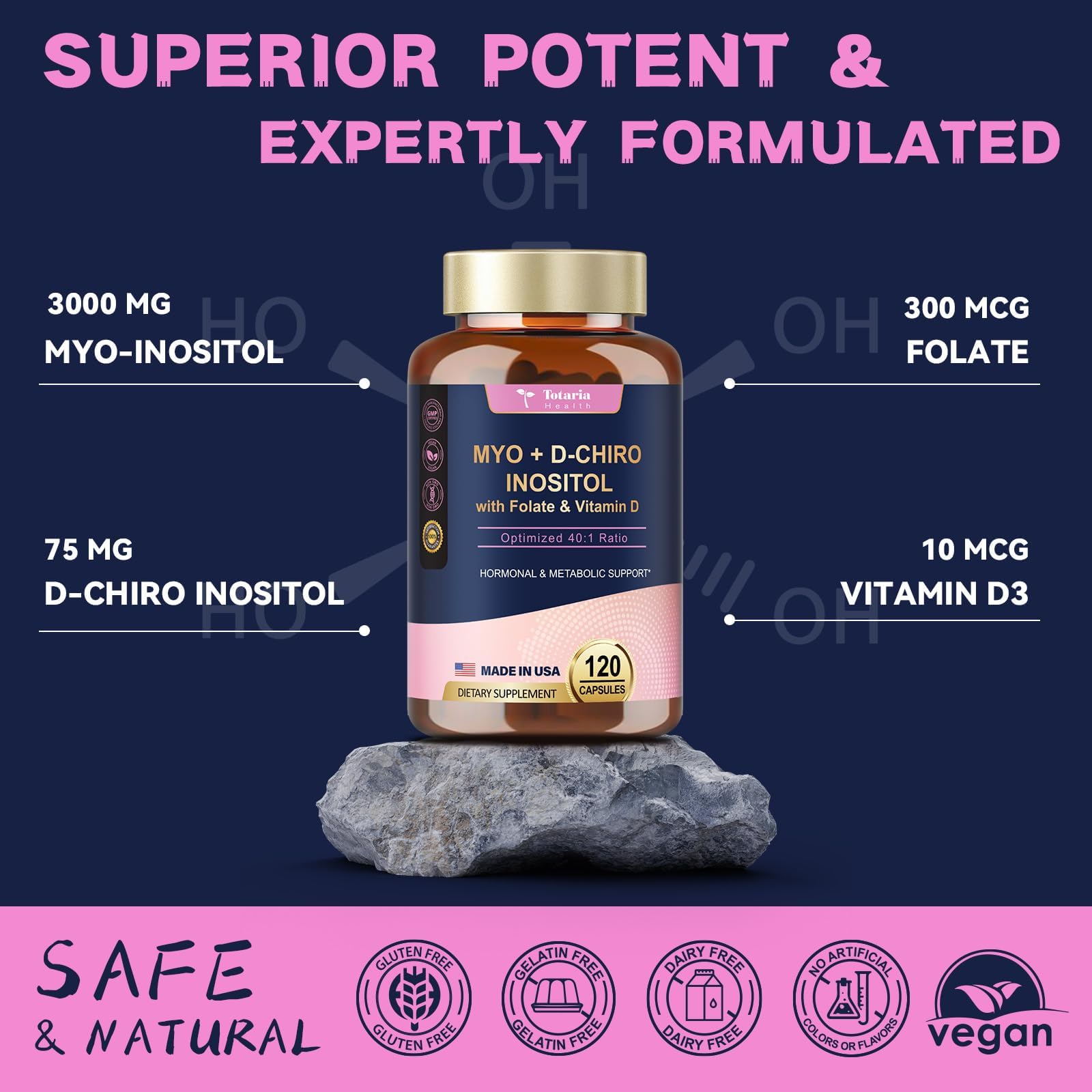 Primer plano de la etiqueta Totaria mostrando inositol 40:1 y vitaminas añadidas