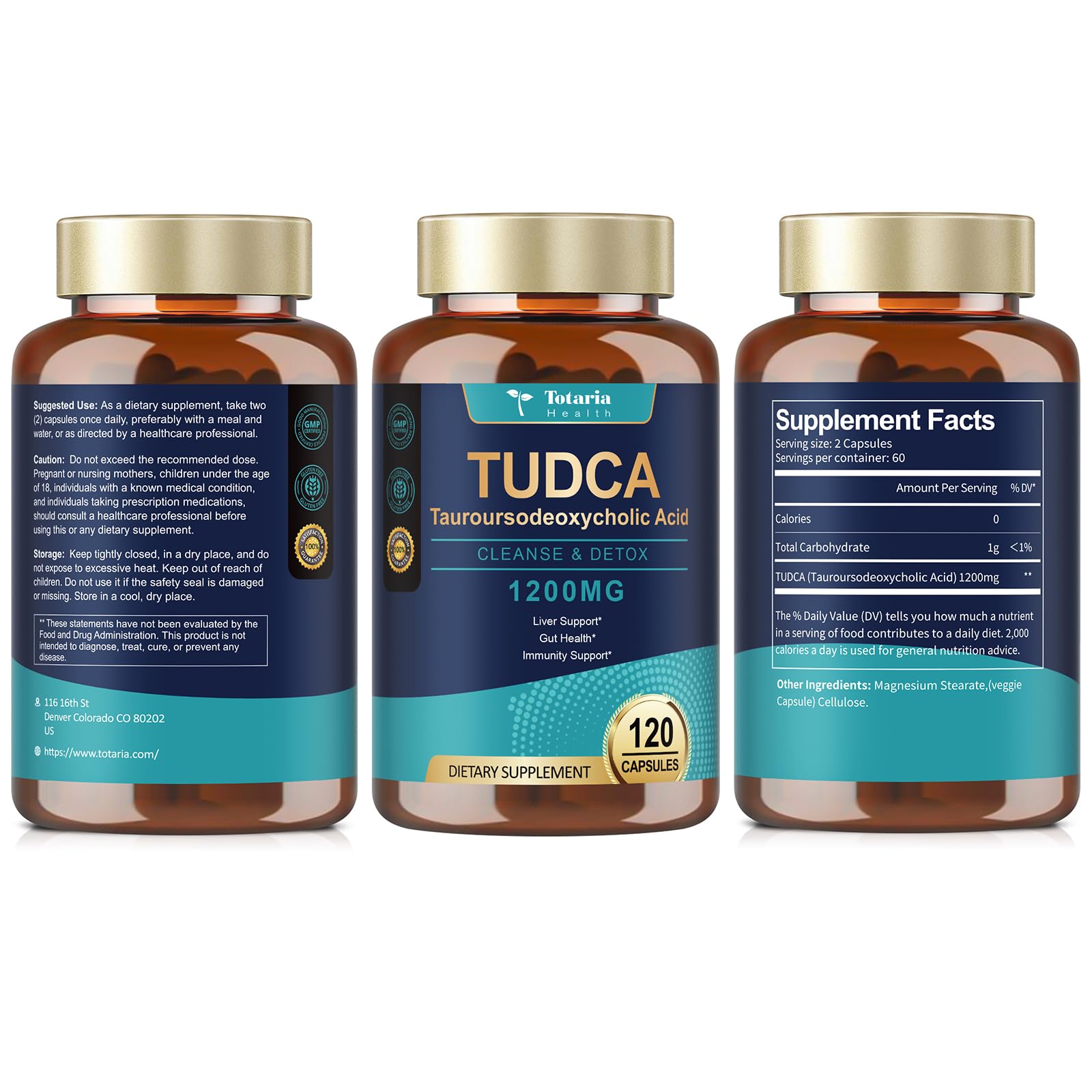 Totaria Tudca 1200mg, cápsulas, forma fácil de tomar con agua.