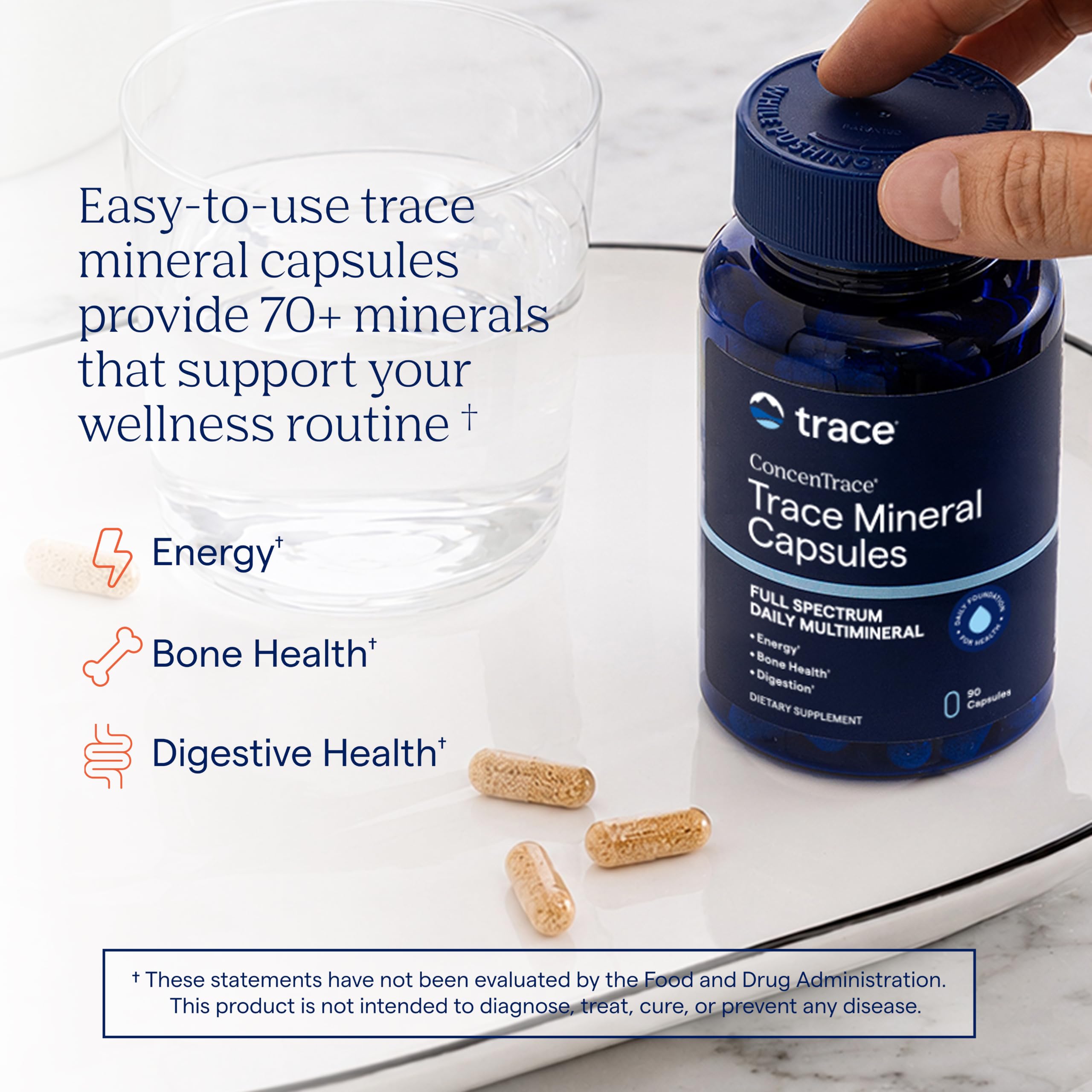Trace Minerals primer plano de cápsulas vegetales mostrando textura y pureza