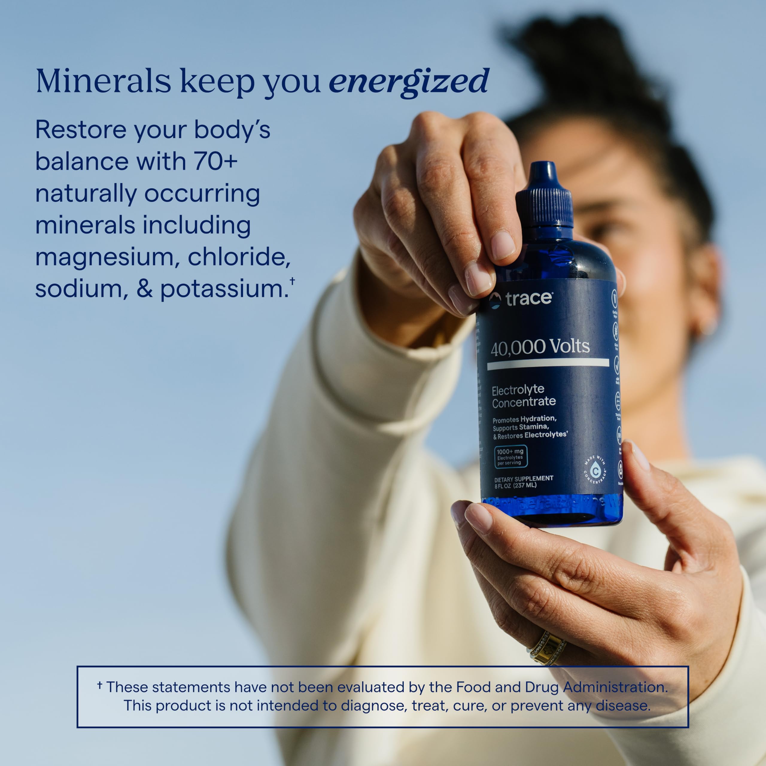 Trace Minerals comparación de tamaño junto a botella de agua para visualizar escala portátil
