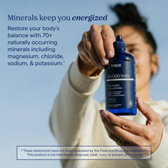 Trace Minerals comparación de tamaño junto a botella de agua para visualizar escala portátil