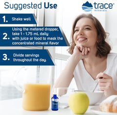 Trace Minerals frasco junto a una mano para comparar tamaño y transporte práctico