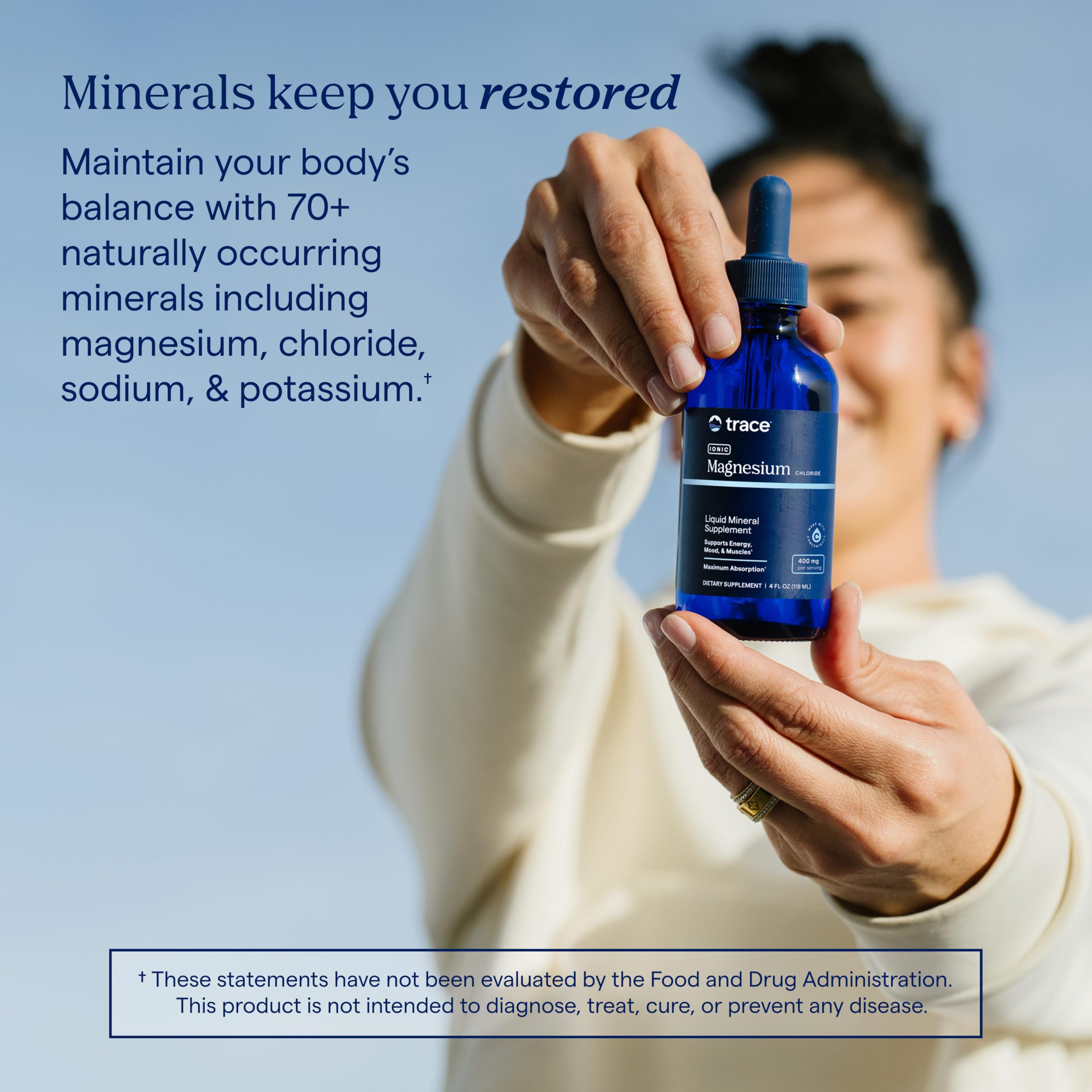 Trace Minerals frasco junto a una regla para comparar tamaño y capacidad 4 fl oz