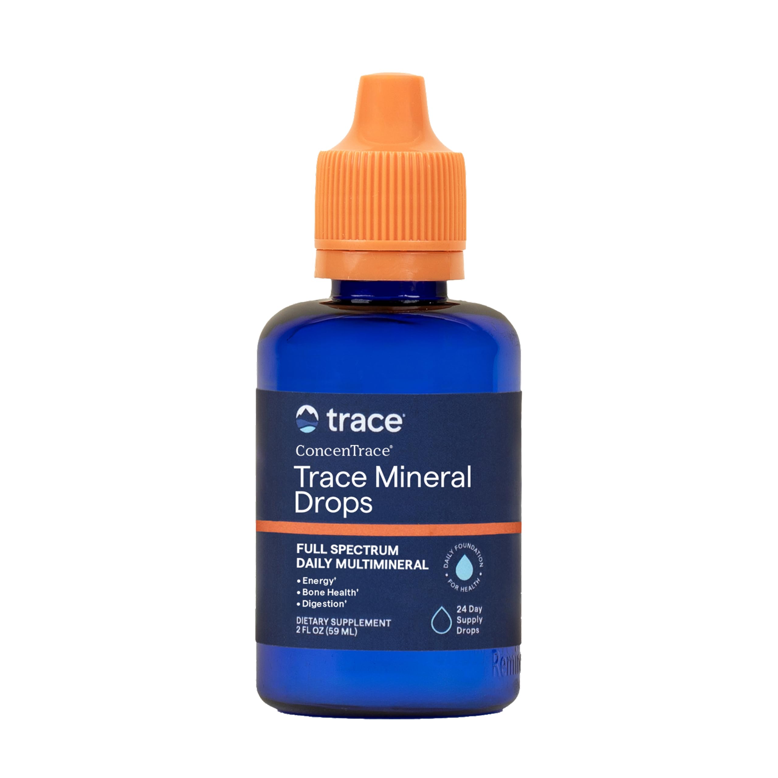 Trace Minerals frasco ConcenTrace frente y etiqueta clara, fácil identificación