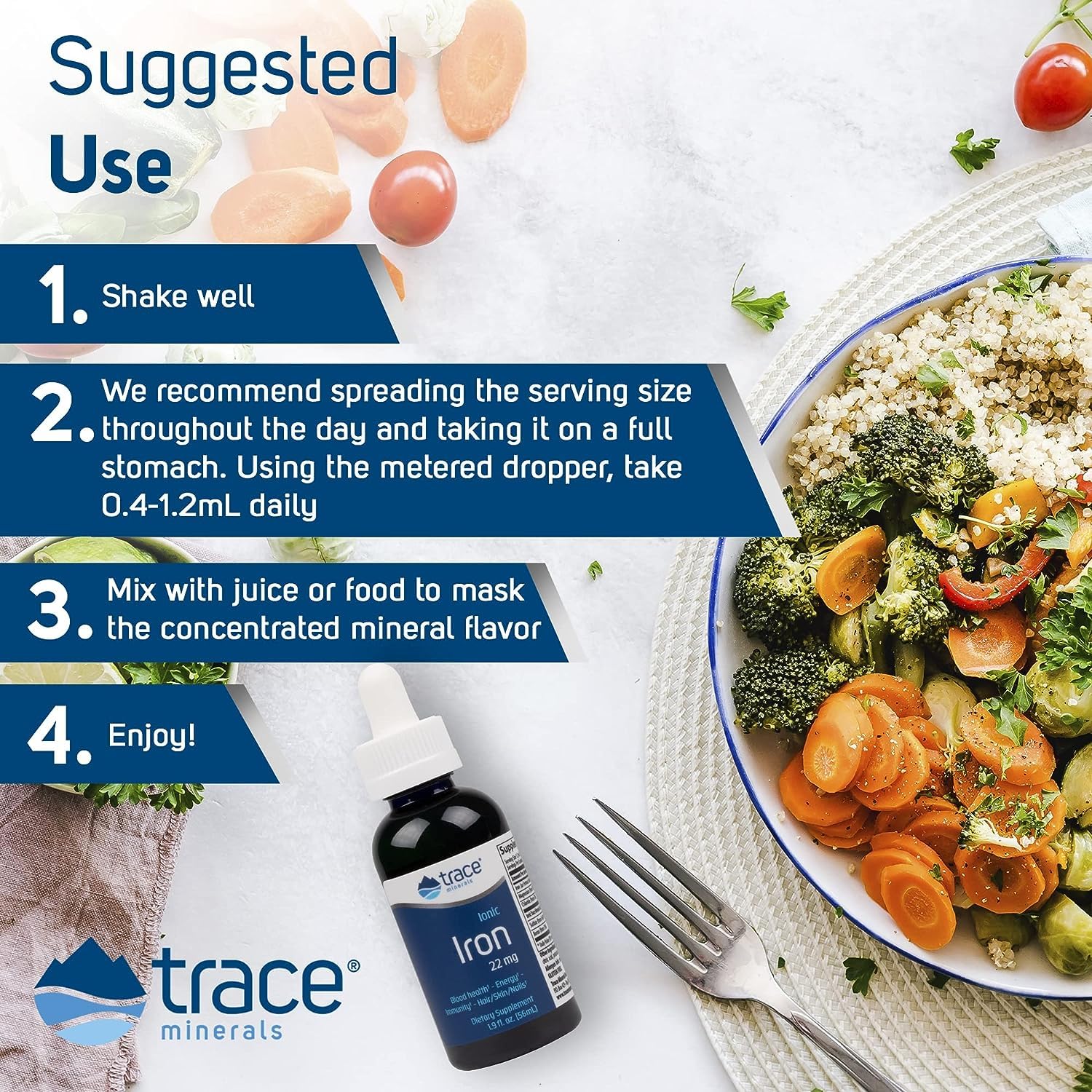 Trace Minerals gotero y líquido mostrando dosificación precisa y fácil mezcla