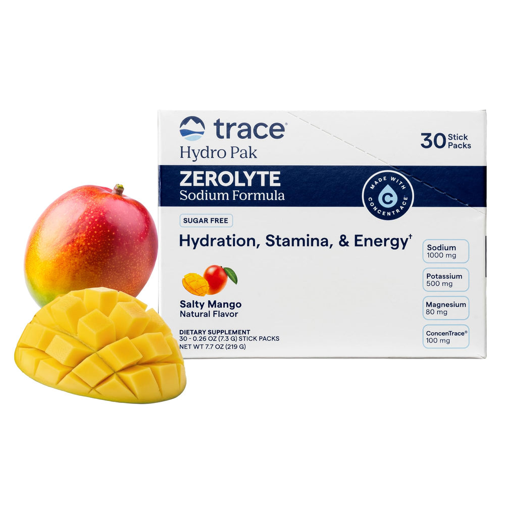 Trace Minerals empaque frontal Salty Mango mostrando beneficios de hidratación