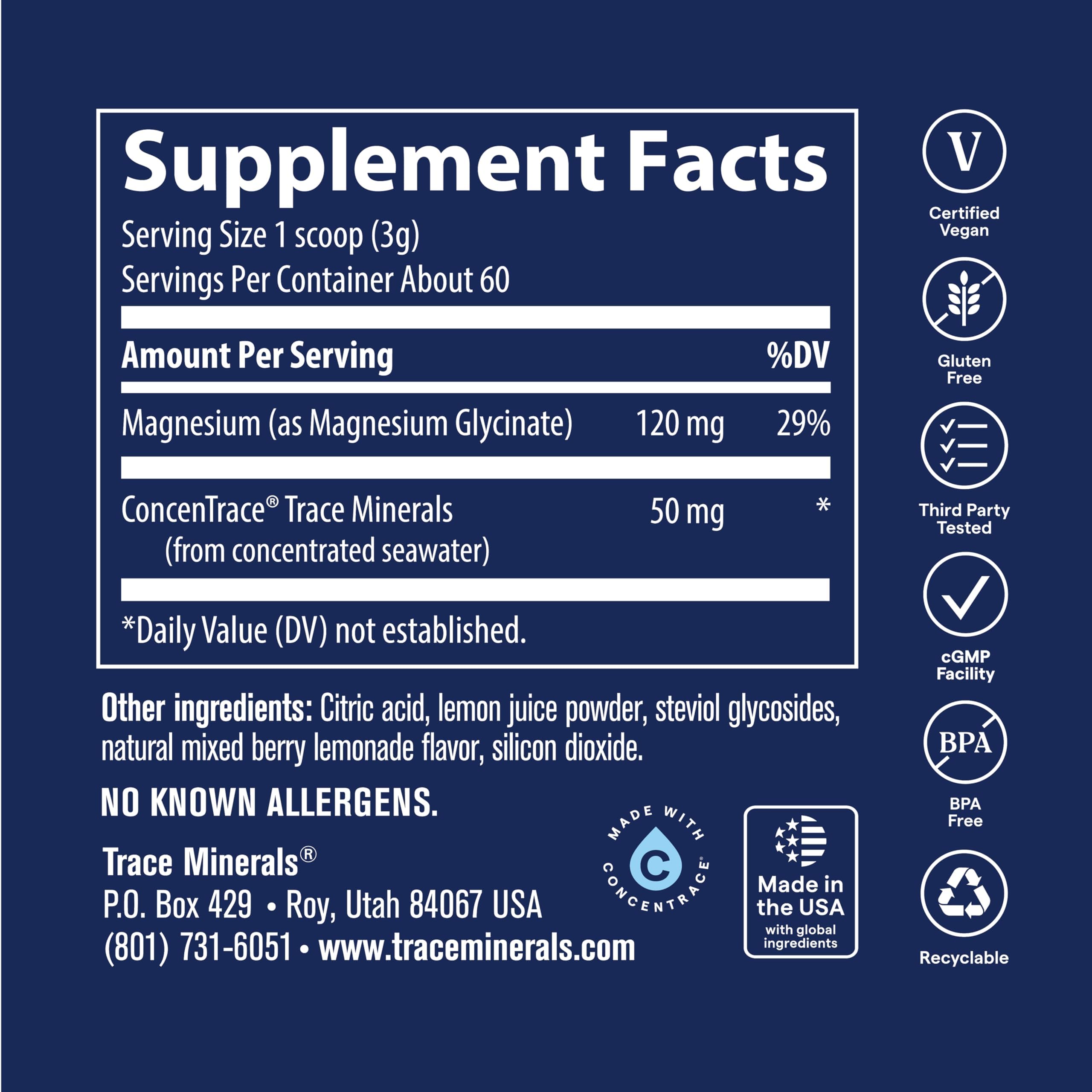 Trace Minerals en encimera con frutas, sugiere uso diario agradable