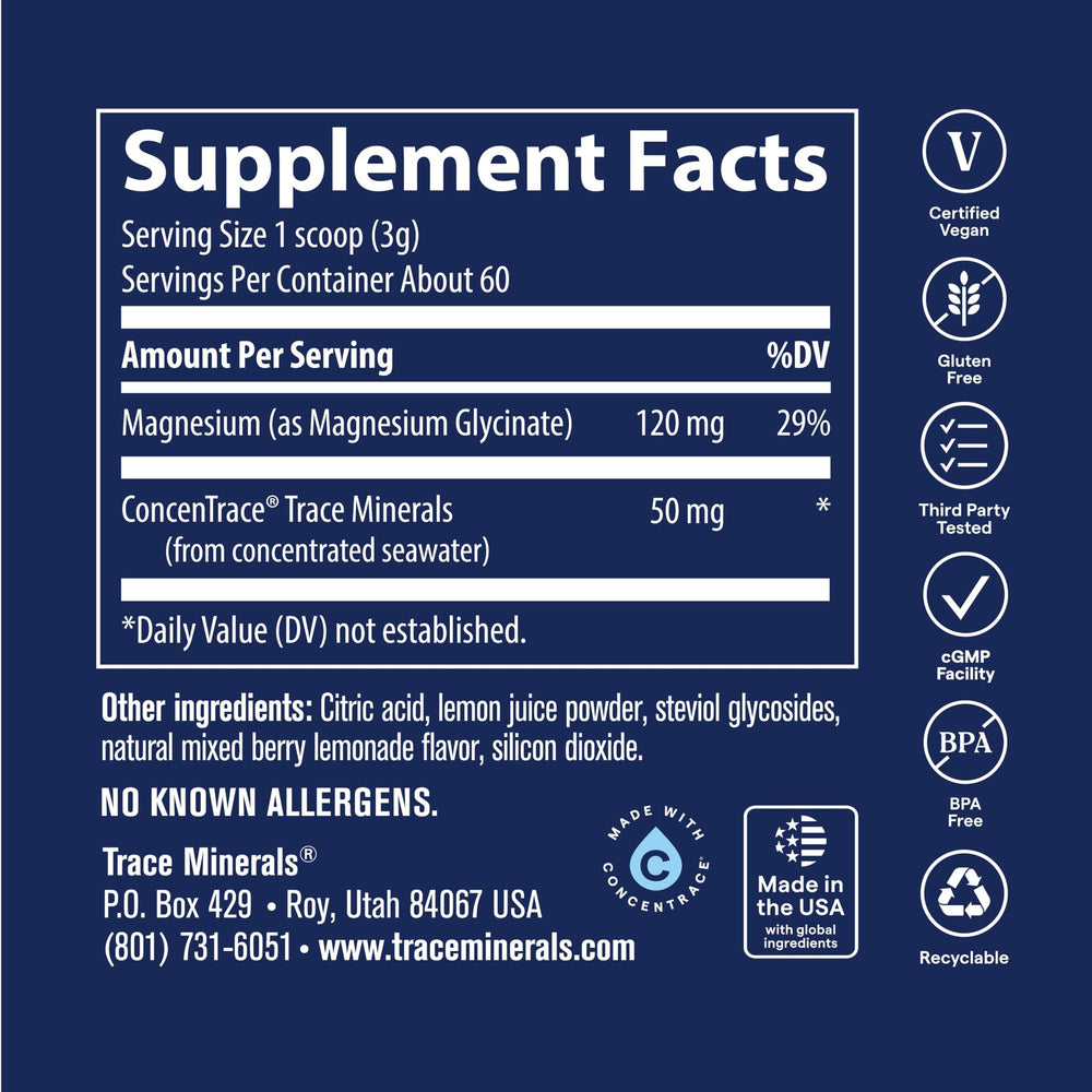 Trace Minerals en encimera con frutas, sugiere uso diario agradable