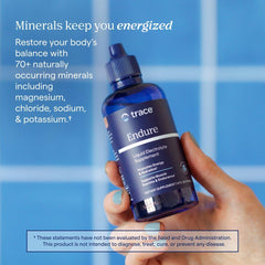 Trace Minerals etiqueta con lista de electrolitos y garantía de pruebas de calidad