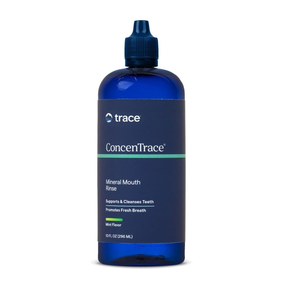 Trace Minerals botella frontal mostrando etiqueta y volumen, transmite confianza