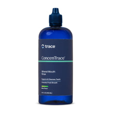 Trace Minerals botella frontal mostrando etiqueta y volumen, transmite confianza