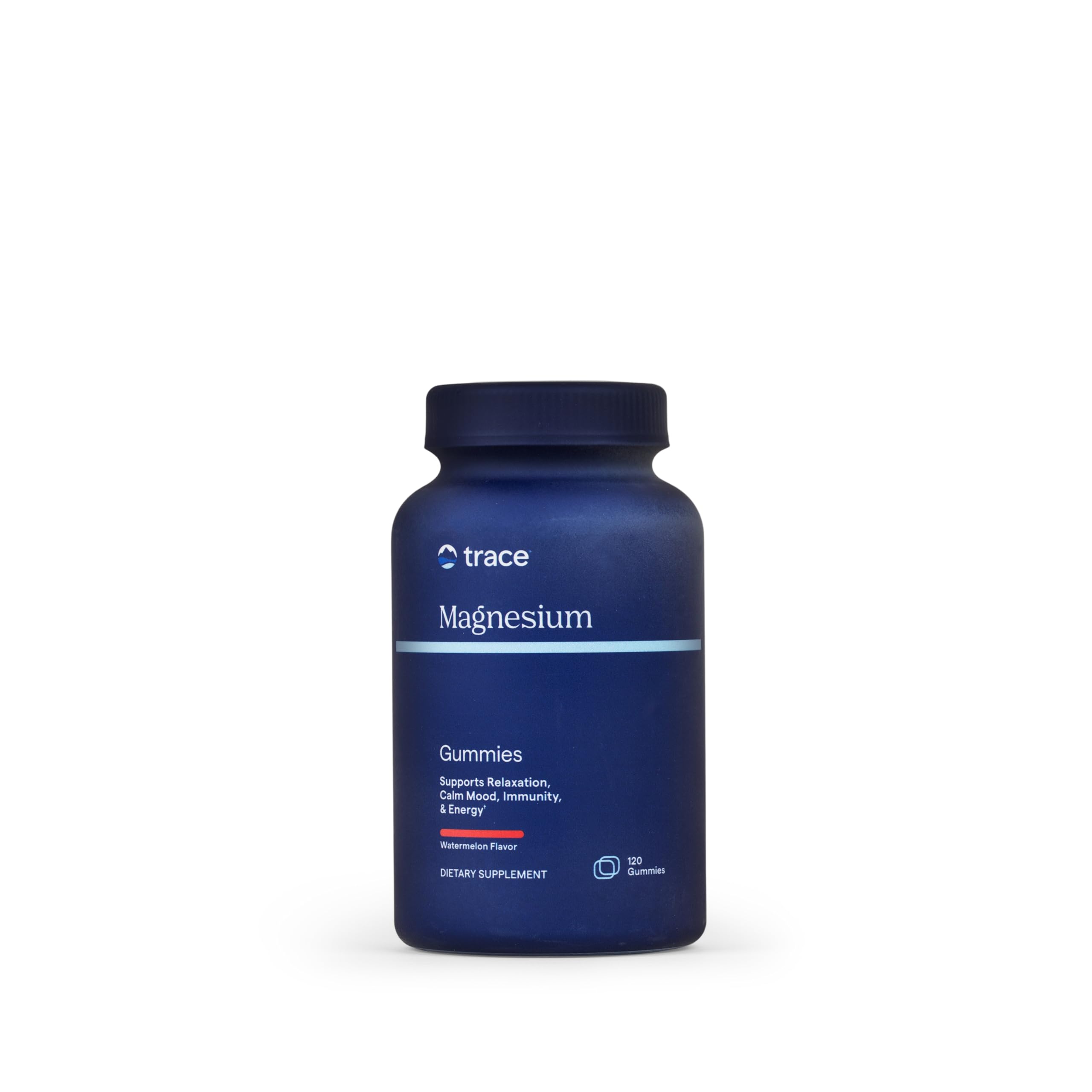 Trace Minerals envase frontal de gominolas de magnesio mostrando cantidad y sabor