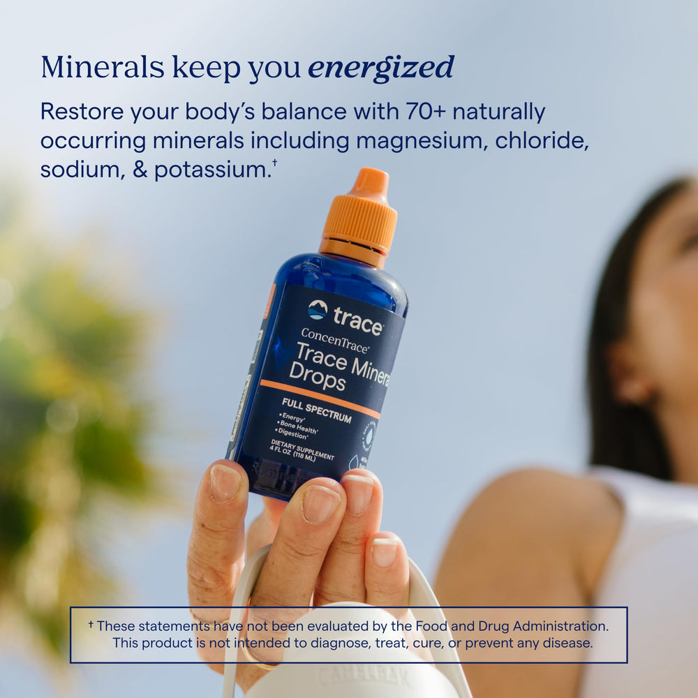 Comparación de tamaño de Trace Minerals junto a una mano, tamaño práctico