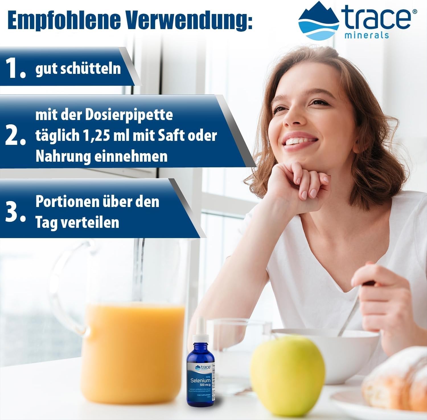 Trace Minerals comparación de tamaño en mano para evidenciar la portabilidad del envase