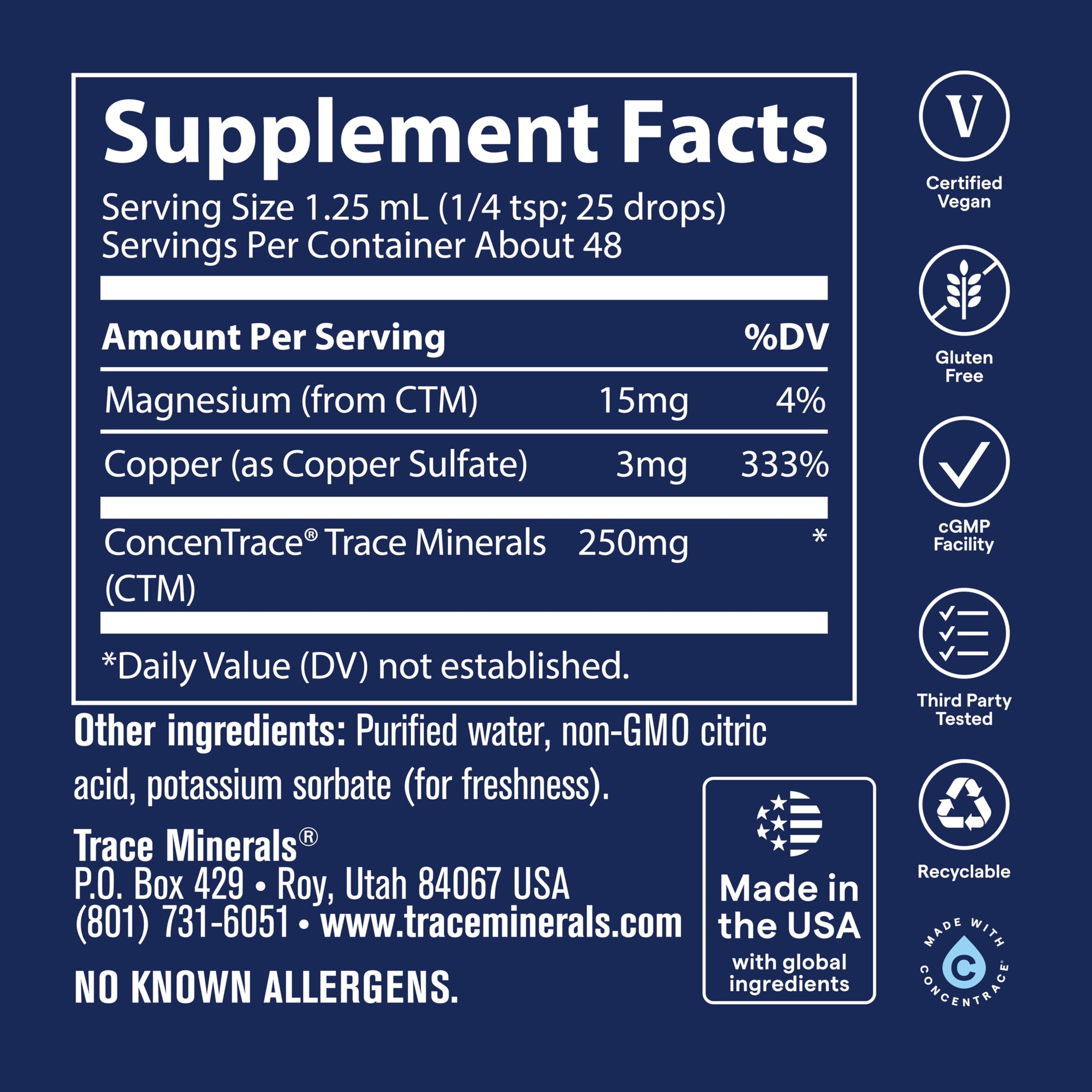 Trace Minerals etiqueta con ingredientes y certificaciones visibles
