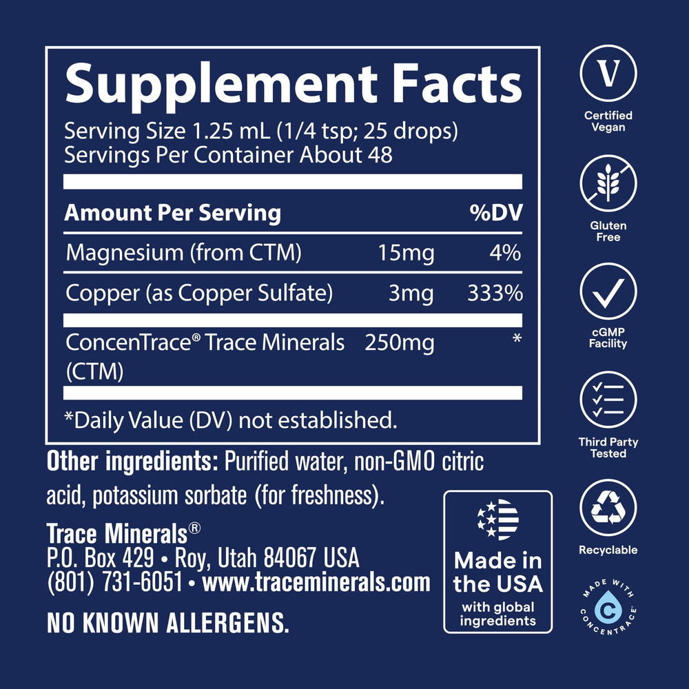 Trace Minerals etiqueta con ingredientes y certificaciones visibles