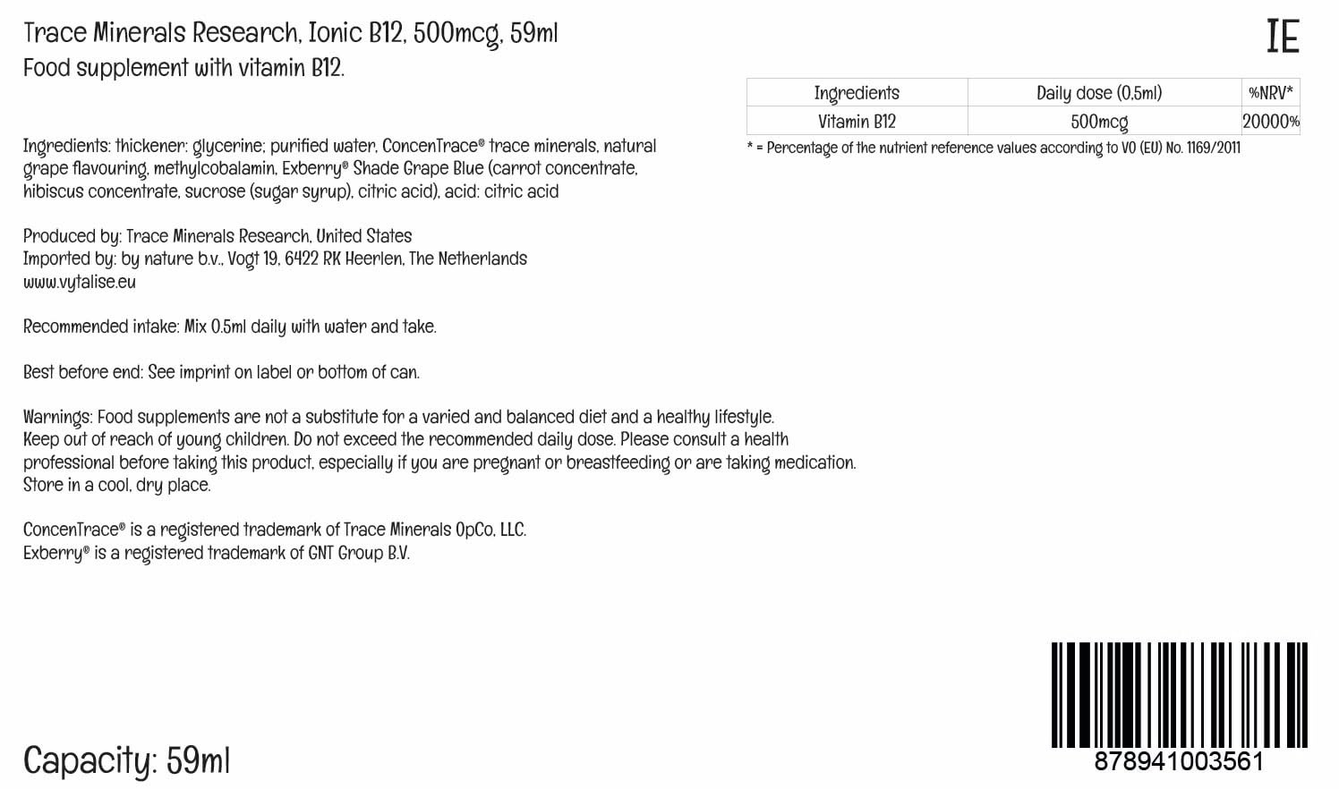 Trace Minerals etiqueta nutricional legible indicando 1000 mcg por porción