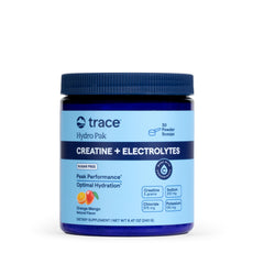 Trace Minerals frasco frontal con sabor naranja mango, refresco visible