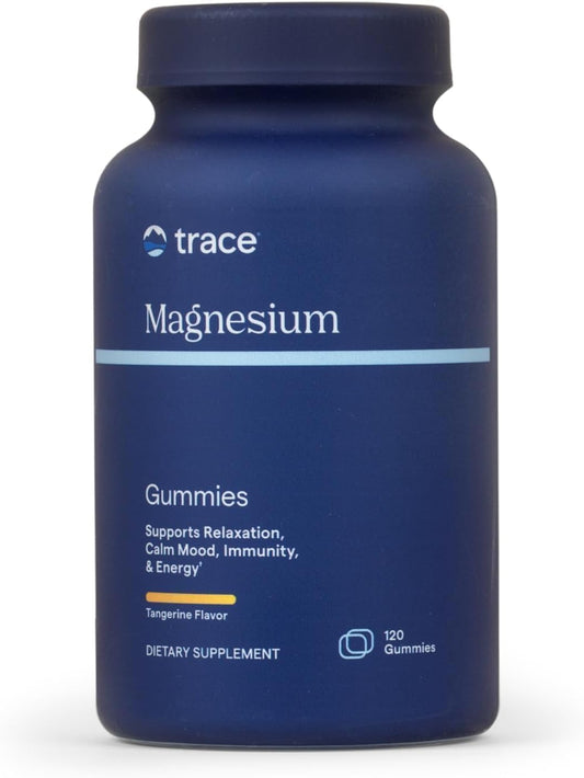 Trace Minerals frasco frontal con gominolas mandarina, fácil de identificar y usar