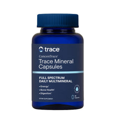 Trace Minerals frasco frontal mostrando 90 cápsulas y tamaño conveniente