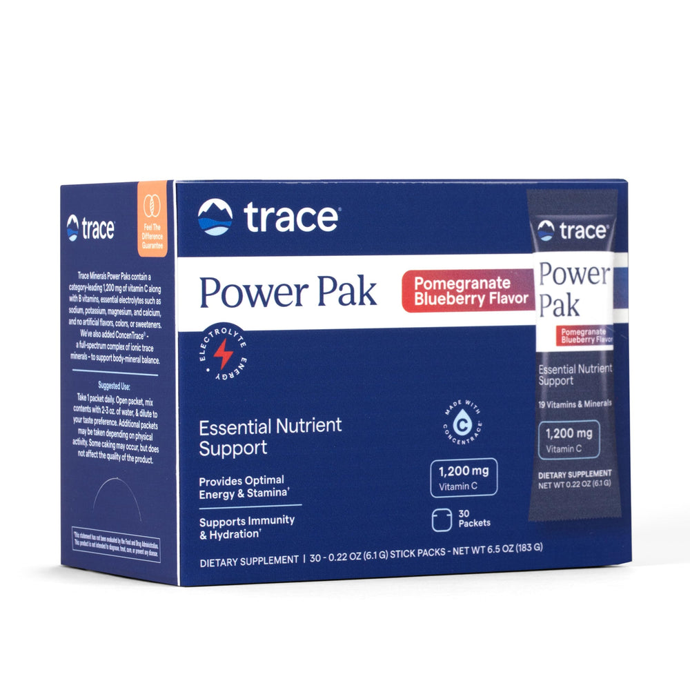 Trace Minerals frente del empaque mostrando 30 sobres y beneficios visibles