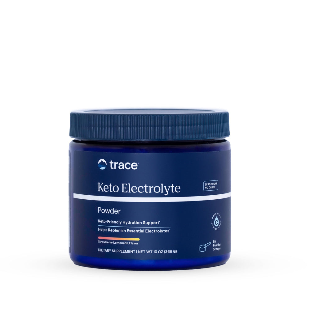 Trace Minerals envase frontal sabor fresa-limonada mostrando porciones y beneficios