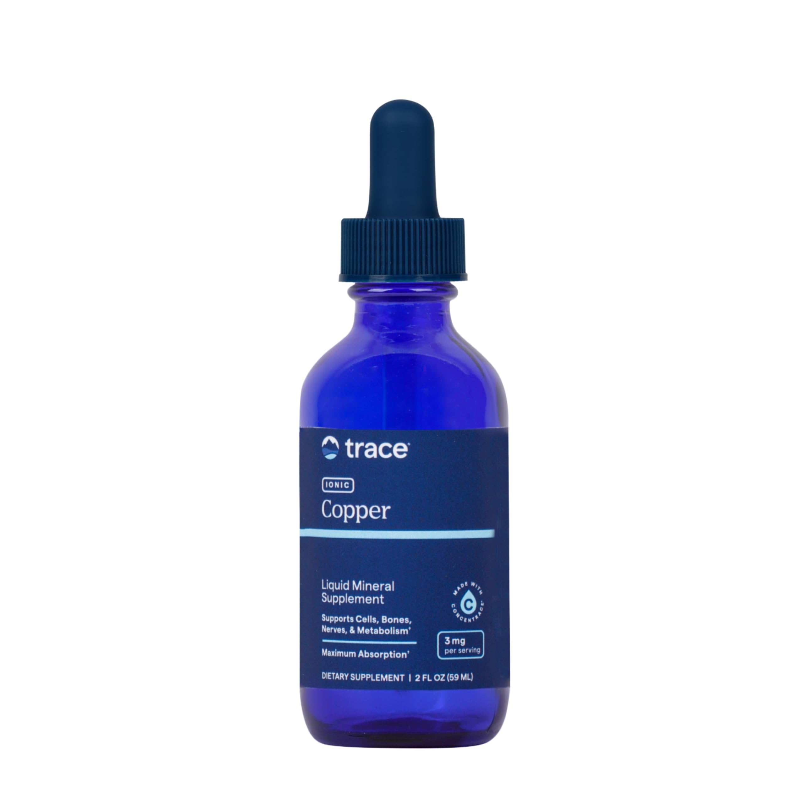 Trace Minerals frente del envase mostrando tamaño portátil y confianza