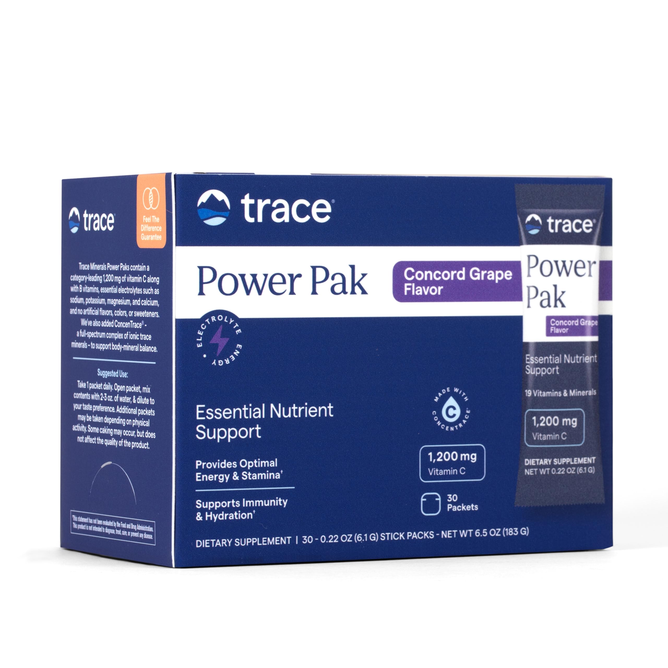 Trace Minerals frente del empaque Power Pak mostrando 30 sobres y conveniencia