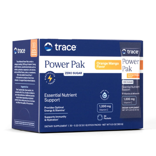 Trace Minerals empaque frontal con sobres, muestra conveniencia y transporte