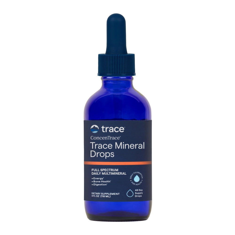 Trace Minerals botella frontal mostrando el envase y beneficio de dosificar minerales