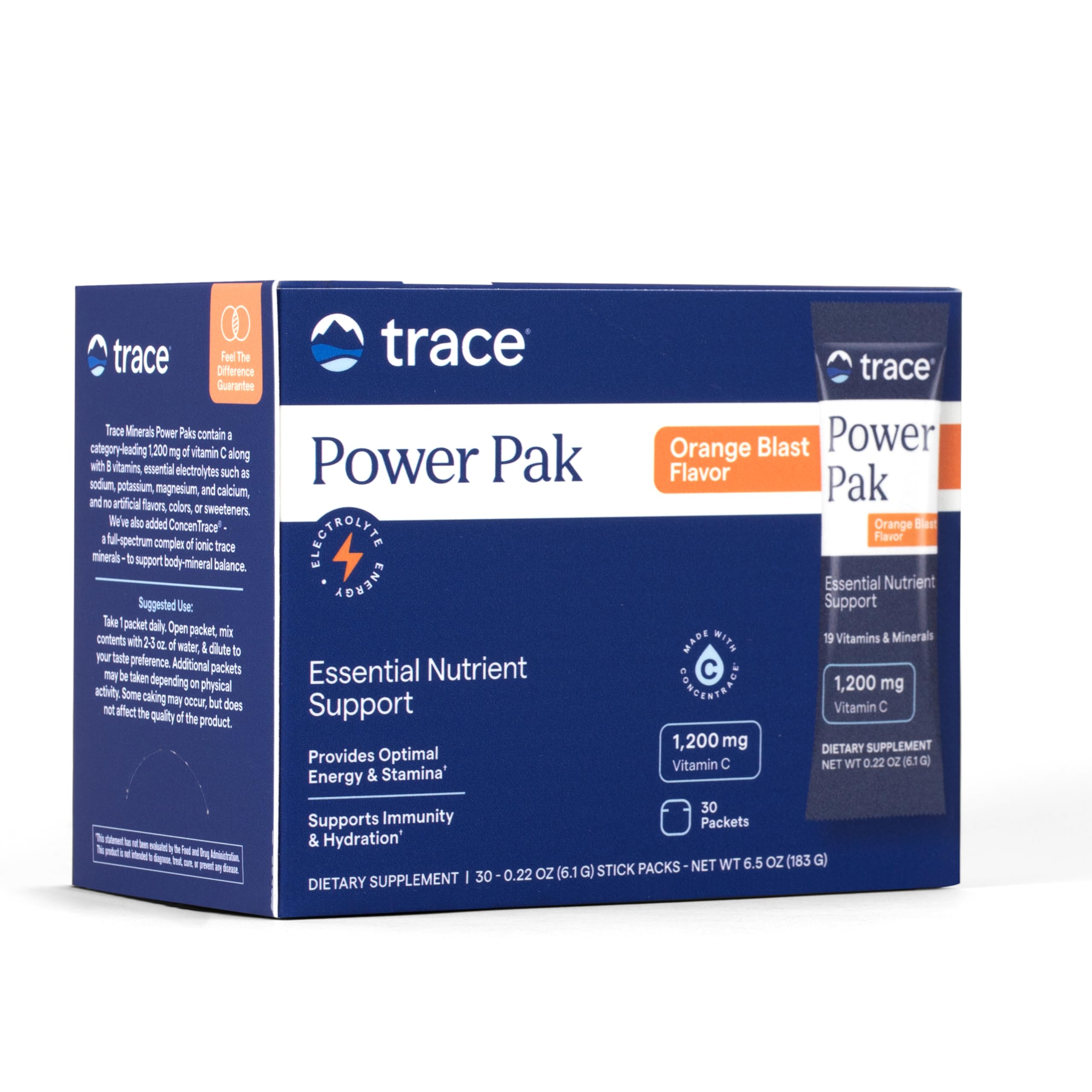 Trace Minerals caja frontal Orange Blast mostrando diseño y beneficio de conveniencia