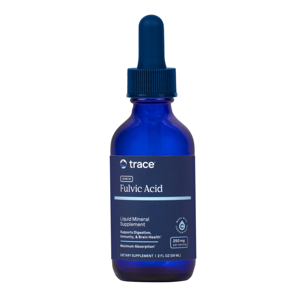 Trace Minerals frasco frontal mostrando la marca y beneficio de concentración