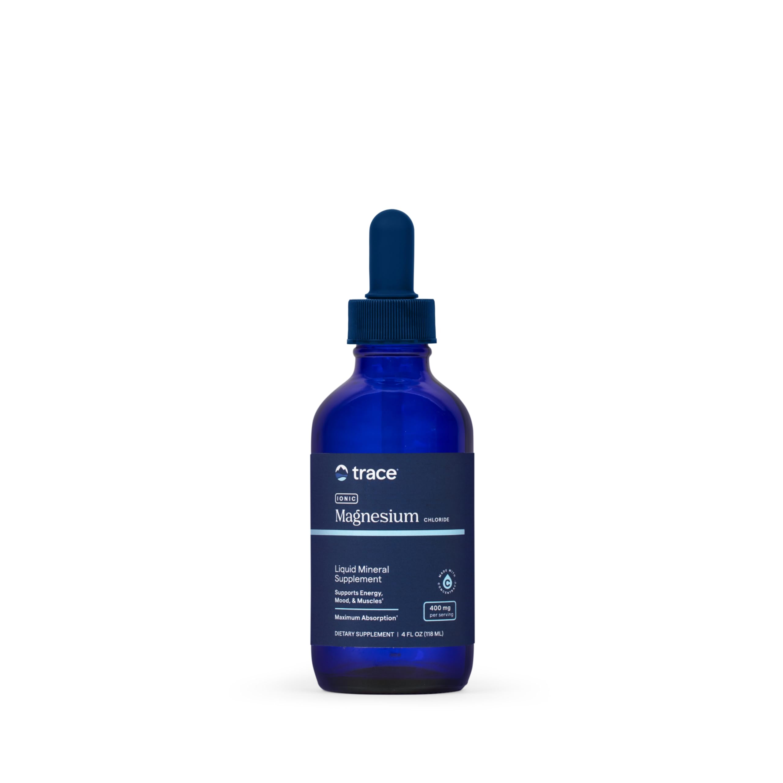 Trace Minerals frasco frontal mostrando 4 fl oz y marca, transparencia y confianza
