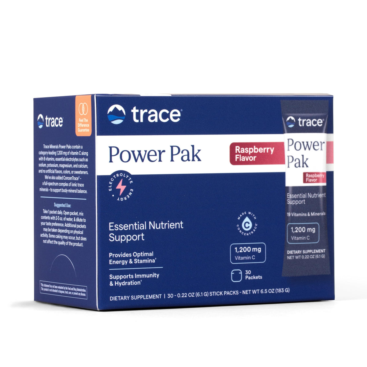 Trace Minerals envase frontal mostrando 30 sobres y sabor frambuesa, hidratación práctica