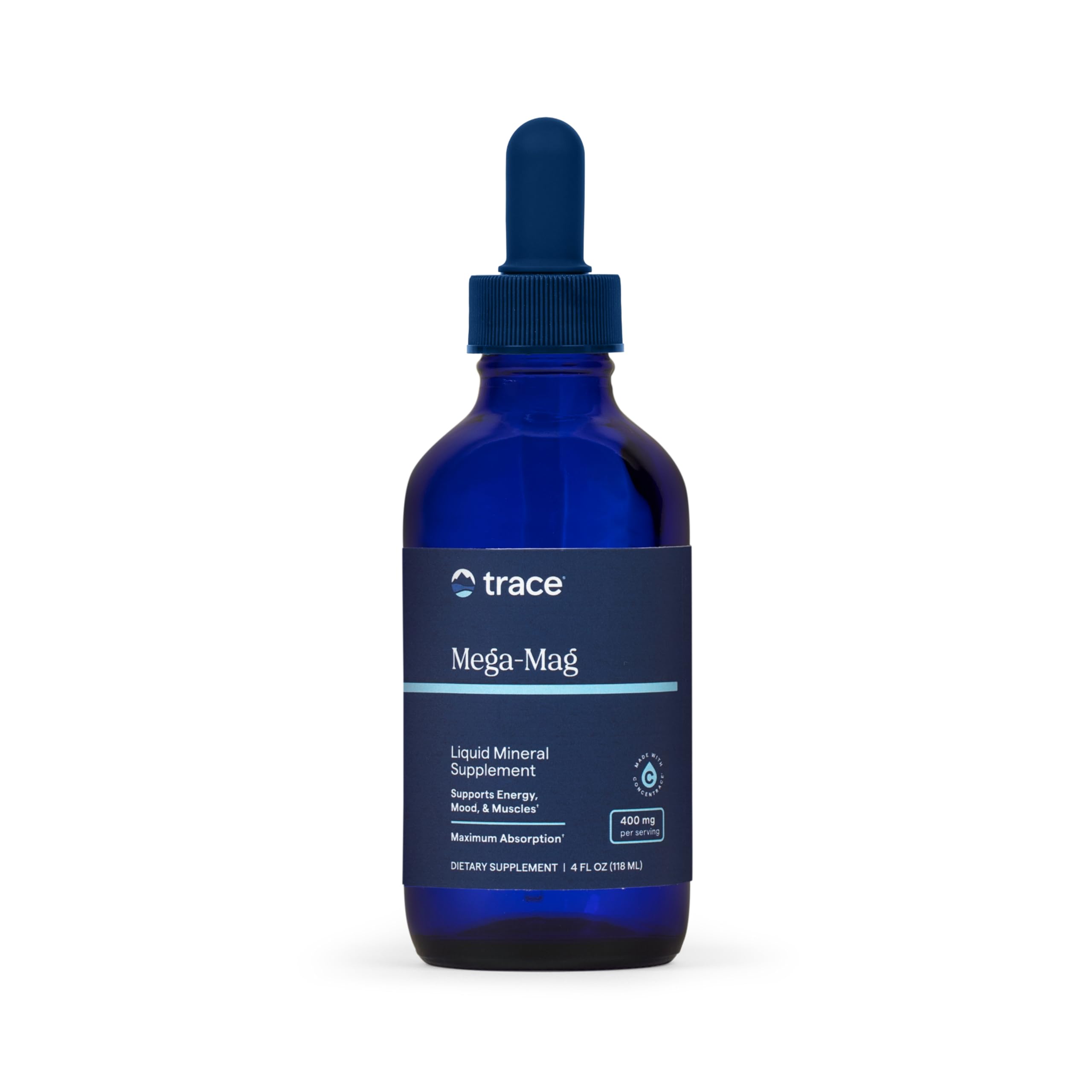Trace Minerals frasco frontal mostrando el envase y beneficio de dosificación fácil