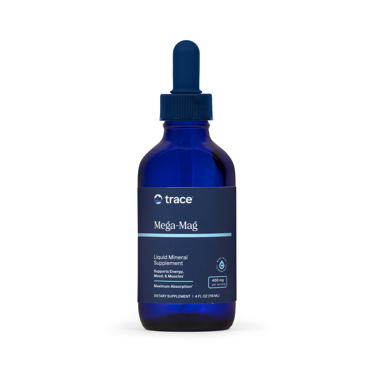 Trace Minerals frasco frontal mostrando el envase y beneficio de dosificación fácil