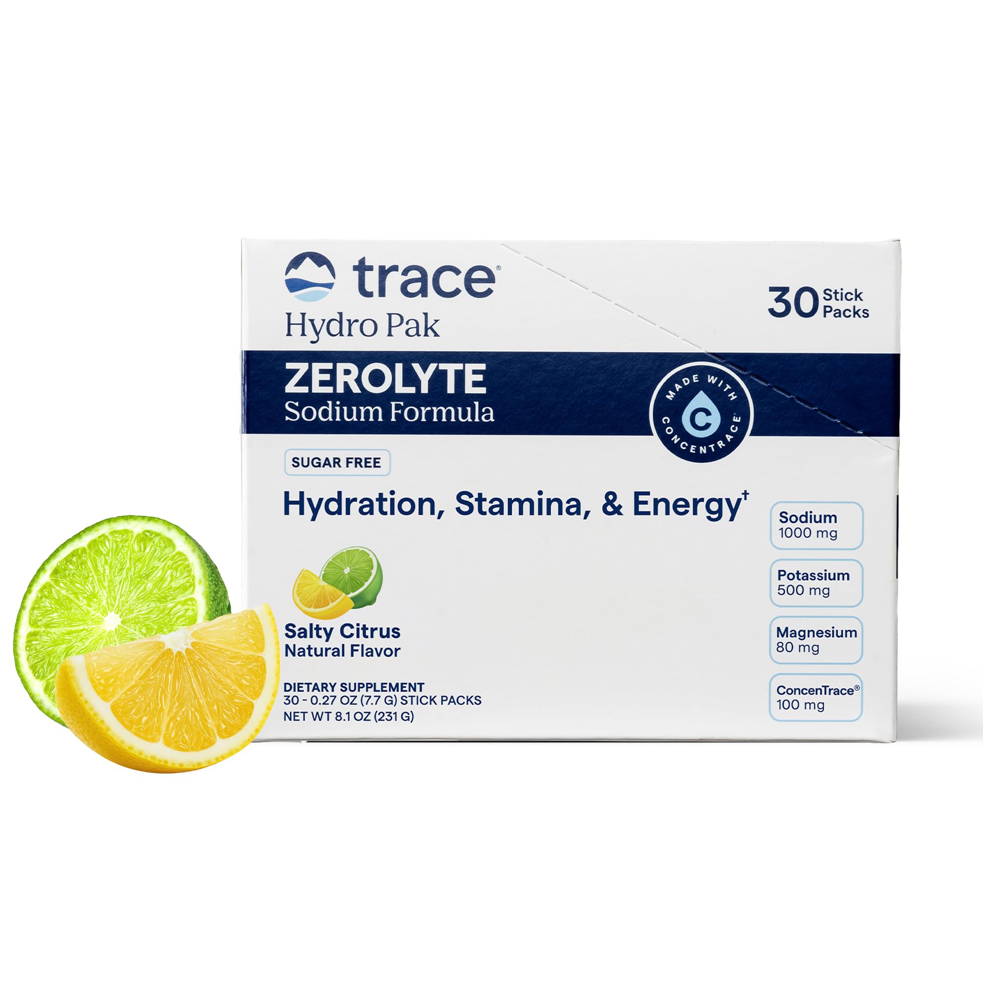 Trace Minerals paquete frontal mostrando 30 sobres, práctico para transporte