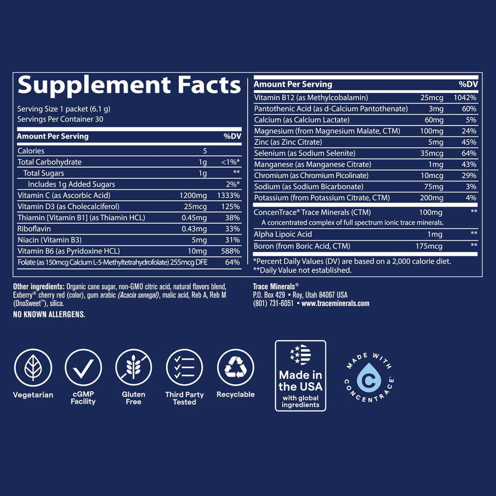 Trace Minerals polvo rosado en cuchara, textura fina para disolución rápida