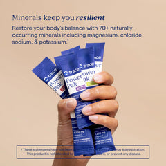 Trace Minerals junto a una mano para comparar tamaño del sobre, fácil de llevar y dosificar
