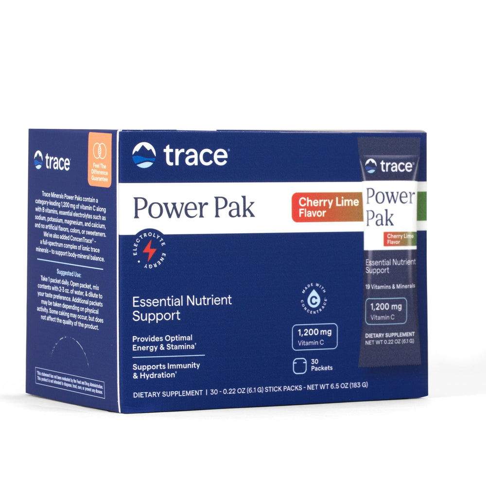 Trace Minerals frente del empaque mostrando 30 sobres y beneficio de portabilidad