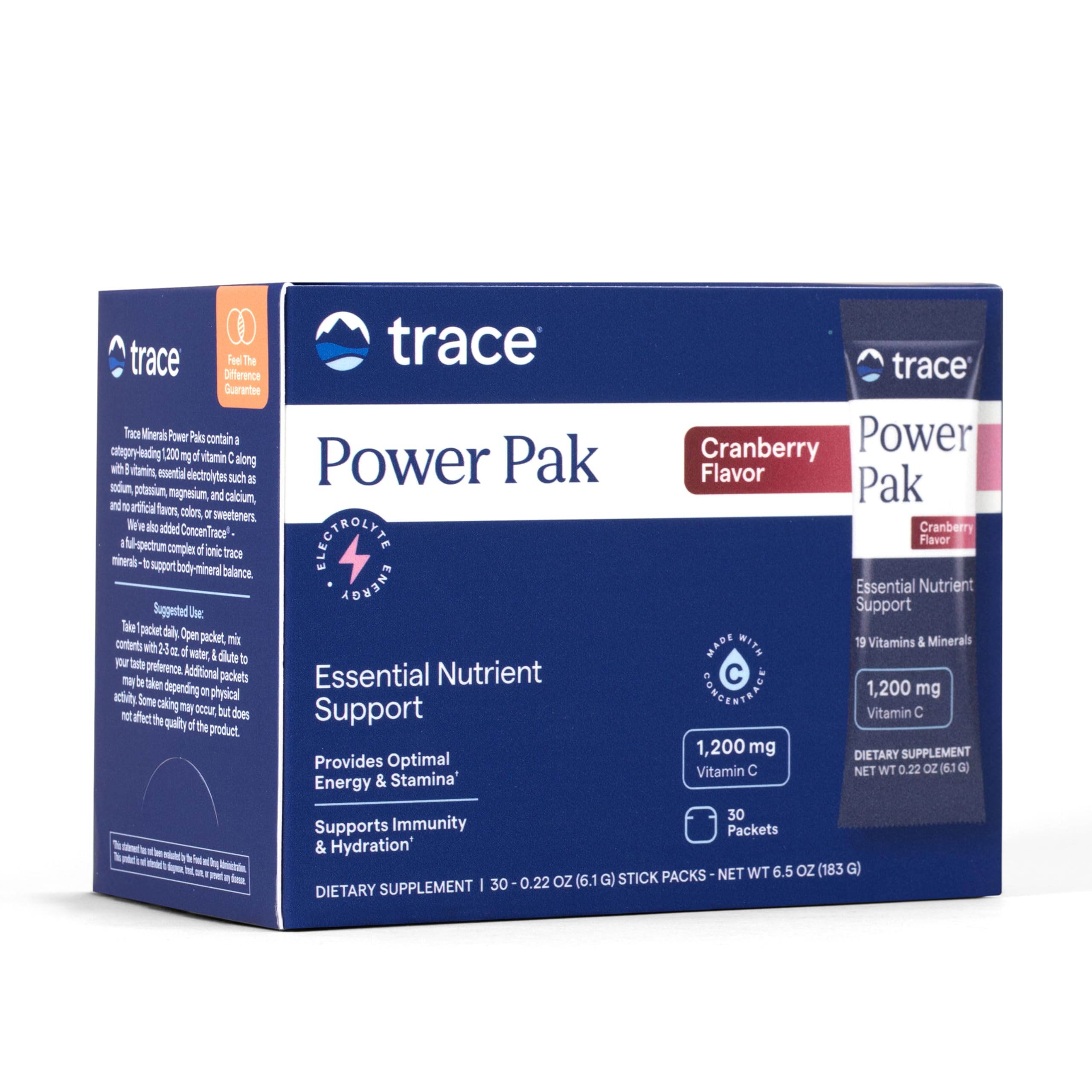 Trace Minerals Power Pak frente del empaque mostrando 30 sobres, práctico para viajes