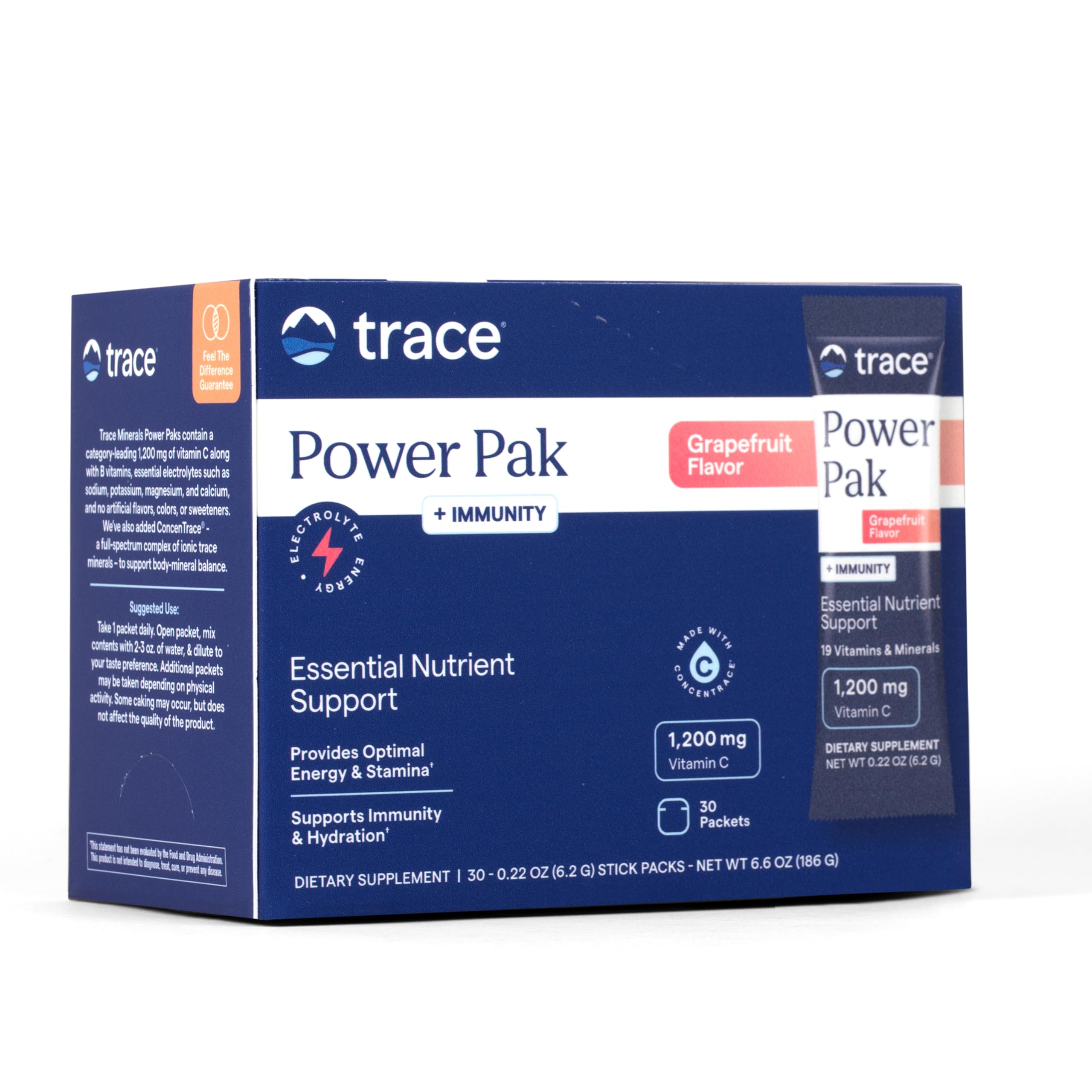 Trace Minerals Power Pak empaque frontal mostrando sobres y marca, conveniencia portátil