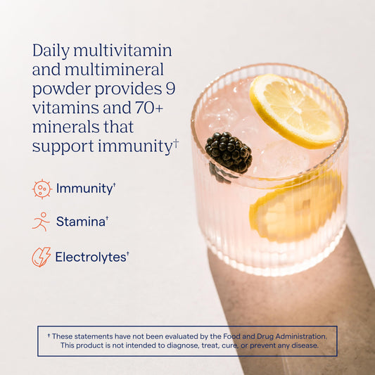 Trace Minerals sobre abierto con polvo fino destacando la solubilidad y mezcla fácil