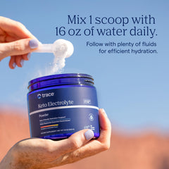 Trace Minerals envase junto a una mano para mostrar tamaño y portabilidad