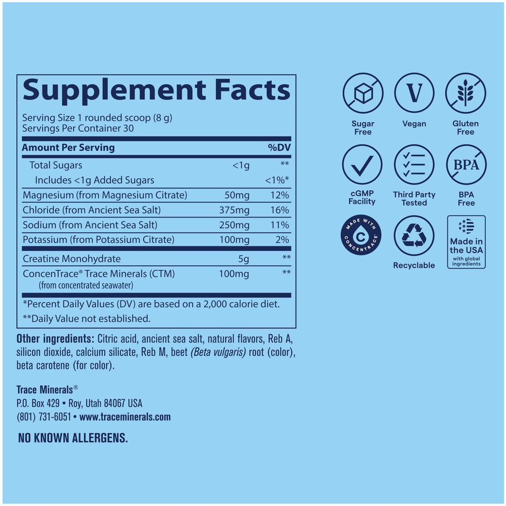 Trace Minerals bebida naranja mango en vaso, fácil disolución y refresco
