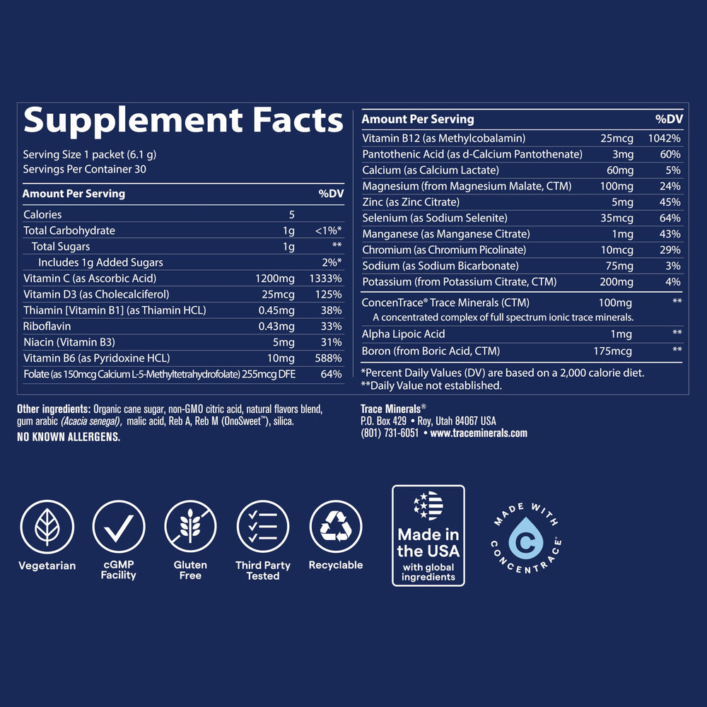 Trace Minerals efervescencia en vaso mostrando disolución rápida y sabor