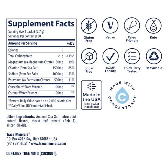 Trace Minerals bebida diluida en vaso, hidratación rápida y sabor cítrico