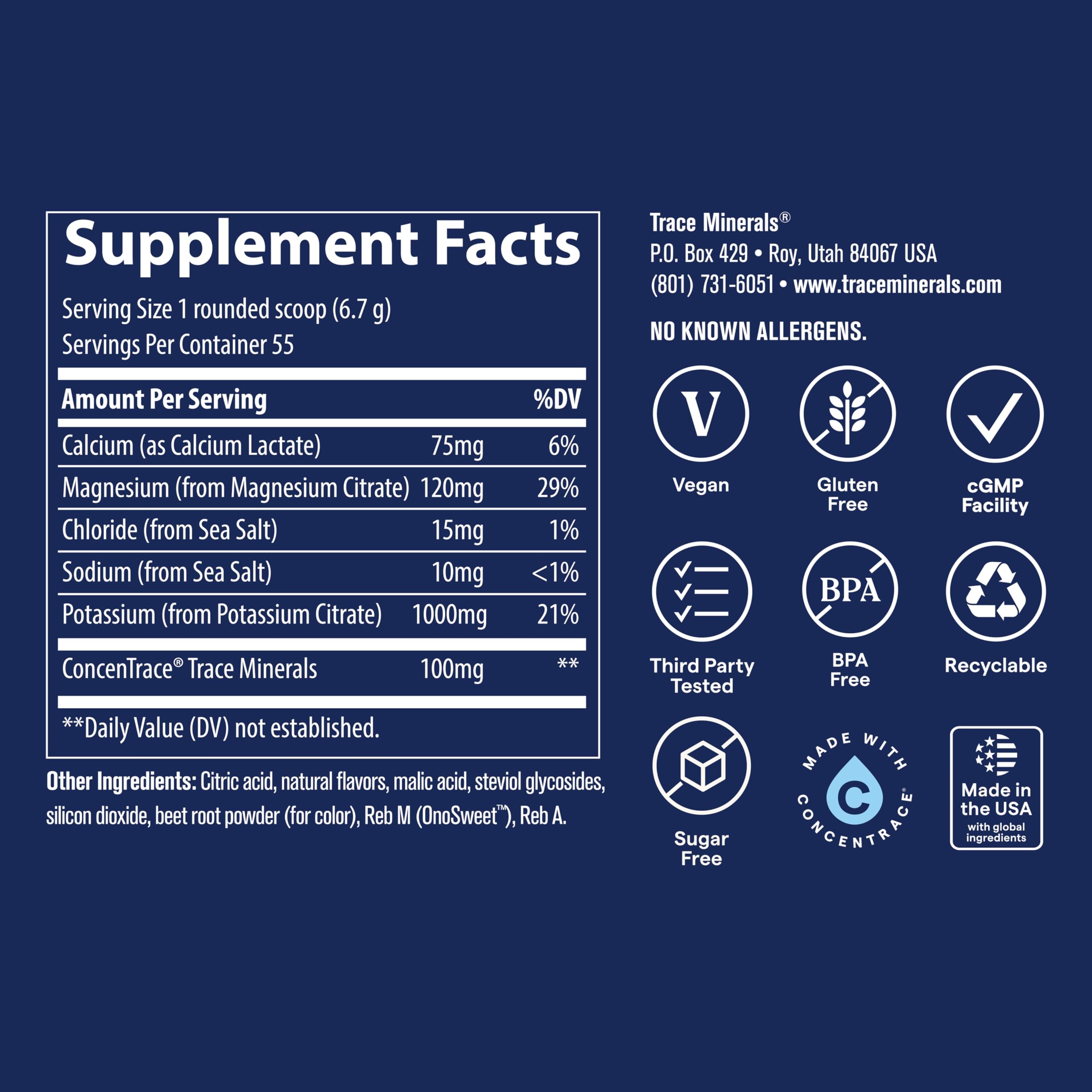 Trace Minerals vaso con mezcla lista para beber que facilita la hidratación inmediata