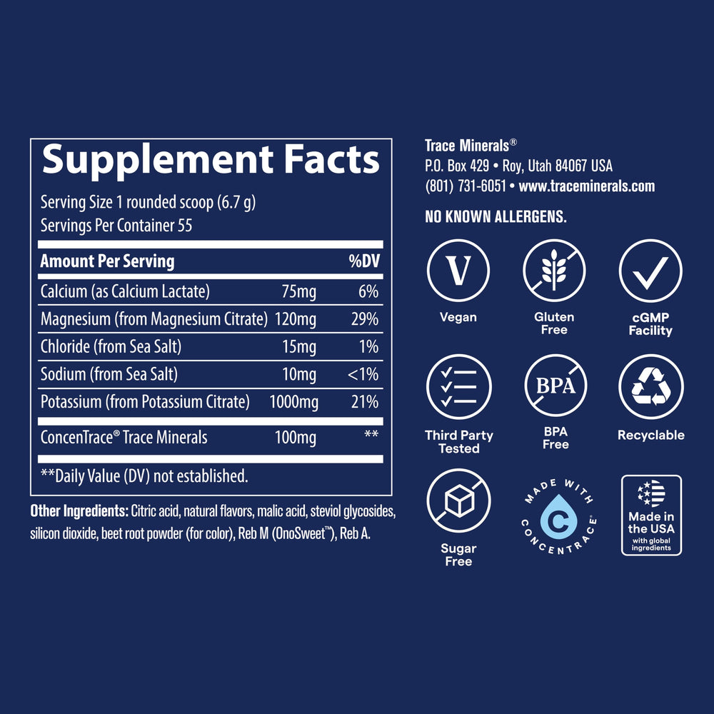 Trace Minerals vaso con mezcla lista para beber que facilita la hidratación inmediata