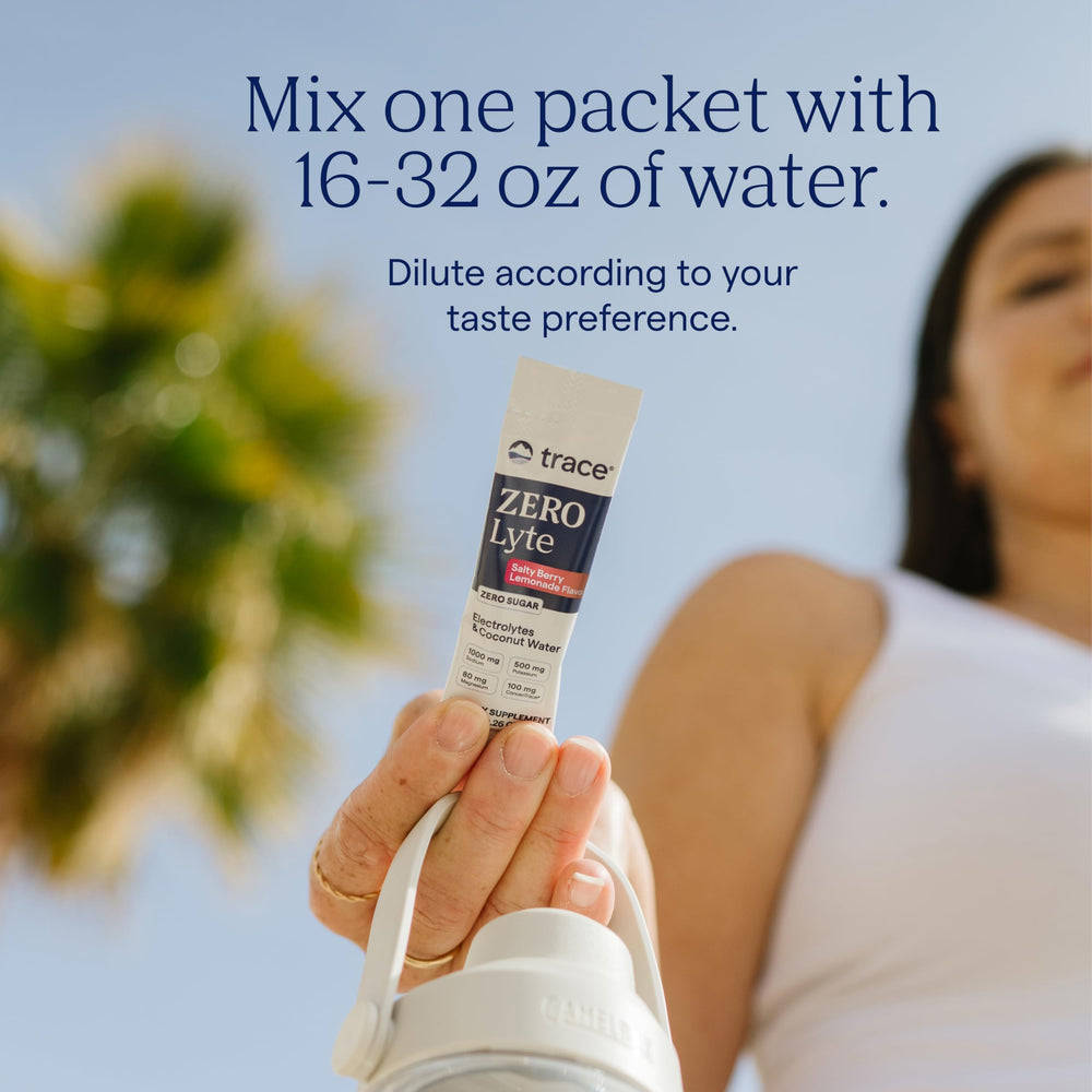 Comparación de tamaño Trace Minerals ZeroLyte con botella para referencia de escala